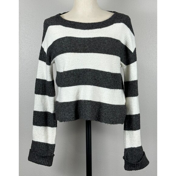 Kaisely Sweaters - Kaisely Womens Dark Gray and Cream Striped Sweater Long Sleeve Ribbed Medium